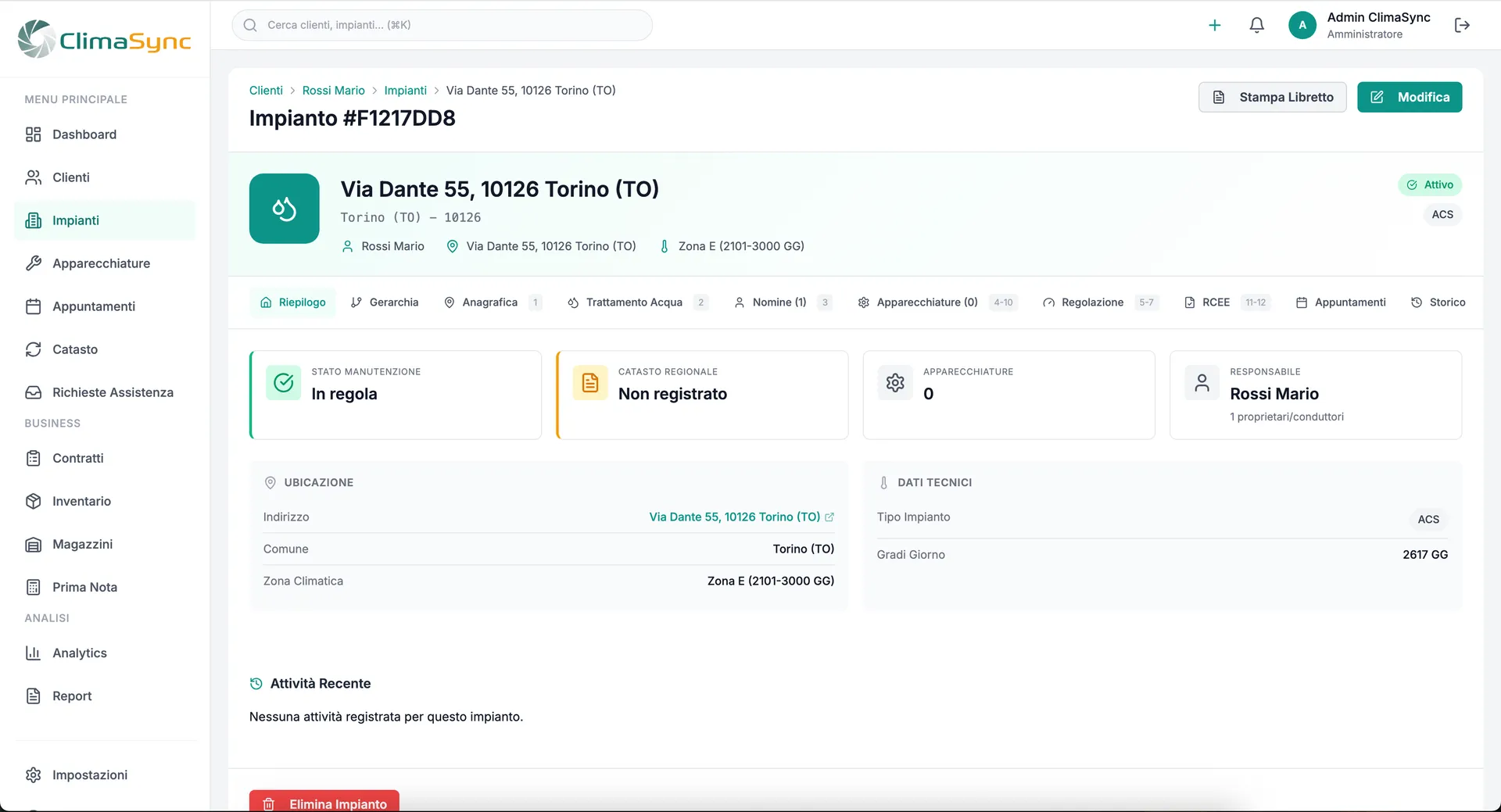 Scheda di un impianto nell’interfaccia ClimaSync